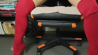 Teacher is secretly riding black dildo while students are around