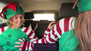 Nadia Foxx & Serenity Cox as Horny Elves cumming in drive thru with remote controlled vibrators / 4K