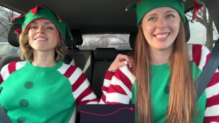 Nadia Foxx & Serenity Cox as Horny Elves cumming in drive thru with remote controlled vibrators / 4K