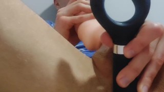 Bisexual teen twink boy jerks off dick with a pussy toy, plays with a sex massager and cums huge