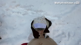 Twinks Matty and Aiden naked outdoor blowjob in the winter for Christmas