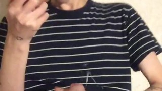  virgin sucks a dildo and jerks off his penis until he cums on his T-shirt