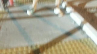 Under dress vagina without panties to cars and train track in busy Street hard anal sex under rain