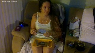 Busty Long Hair Brunette In Bra and Panties Playing Smoking Cigarettes and Playing PlayStation