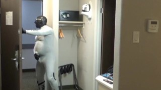 at hotel window and door I cum wearing bastard wetsuit, silicone hood