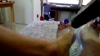 Blue long toenails pumping dick and fucking myself with dildo and plug in clear heels