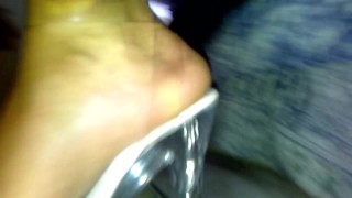 Red long toenails in clear heels teasing 2