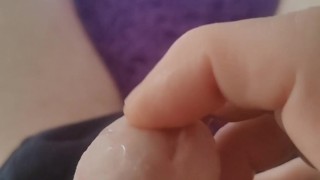 I'm risky caressing my wet cock, while my roommate is in the kitchen.