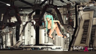 Sex android plays with a sexy busty hottie in restraints in a spacecraft