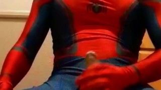 spiderman jerks off in hotel hallway and cums