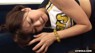 Japanese brunette naughty cheerleader Runa Sezaki masturbating in train uncensored.
