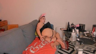 Chubby guy playing with big dildo