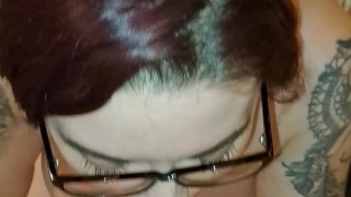 Getting a lovely POV Blowjob from Pregnant MILF Wife ends in Glasses Facial
