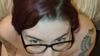 Getting a lovely POV Blowjob from Pregnant MILF Wife ends in Glasses Facial