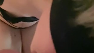 Cute blonde girl takes my cock in her mouth blindfolded