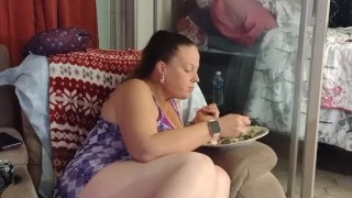 Cute Long Hair Girl Eats Food Smokes Cigarettes and Plays Video Games As I Film Up Her Skirt