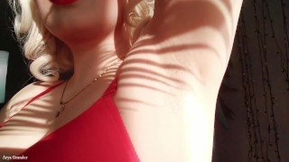 Female Domination Video: Mistress in red lingerie teasing by sweaty armpits