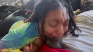 Small petite ebony sucks BBC sneaky blowjob during study time slurp slurp