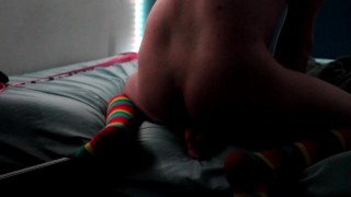 Pup Oliver plays with new toys, including a huge dildo and cums.