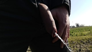 Outside pissing bi, foreskin cock