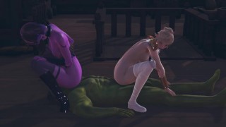 Dark and light elf fuck orc and cum