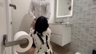 I meet the restaurant waiter in the bathroom, he fucks me, and I give him a blowjob until he cums