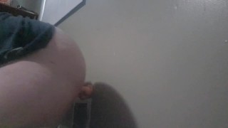 Fat male dildo gagged while riding dildo