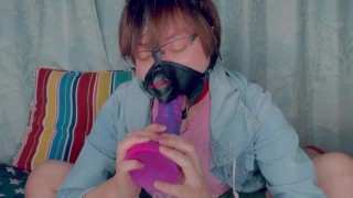 Dog boy suck and lick a dragon dildo with tiny mouth