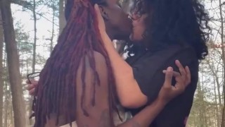 Ebony and Latina lesbian couple makeout after school