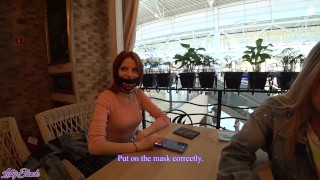 Two girls have fun with remote control vibrators in public places