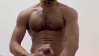 Hot Brazilian jock jerking his big cock finishing with a sexy cumshot