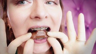 ASMR and close-ups: Giantess Vore Fetish - Eating Cars from chocolate. Braces.