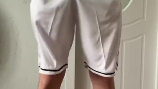 Wearing a sky blue basketball uniform and masturbating