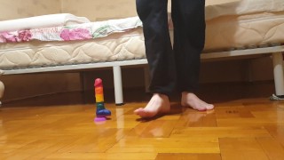 Man foot fetish near the dildo