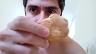 Milk and cookies? Handsome man cums on his cookies and eats them