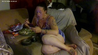 Watching Girl Eat Salad In Her Purple Mini Dress