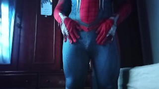 Wanking off in my spiderman suit