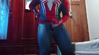 Wanking off in my spiderman suit