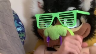 Furry fucks himself with dildo while masturbating with a toy pussy.