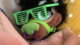 Furry fucks himself with dildo while masturbating with a toy pussy.