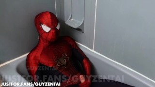 spiderman pisses all over his suit with hard cock, jerks off, cums in raised webbing spidey costume
