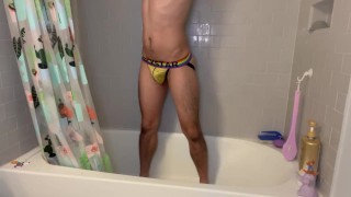 Pissing in Bathtub In morning Jockstrap Yellow