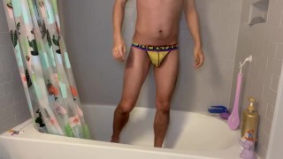 Pissing in Bathtub In morning Jockstrap Yellow