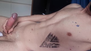 Handjob, big cock, showing asshole and cumming on body