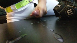 Horny Baseball Player strokes his huge cock after practice and shoots a huge cum load