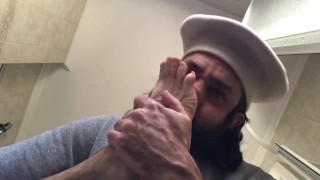 Sniffing and kissing my feet after long walk tasty smell