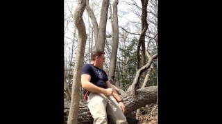 Wanking in the woods, jerking-off outside, jerking off on a log, stroking my cock showing cumshot