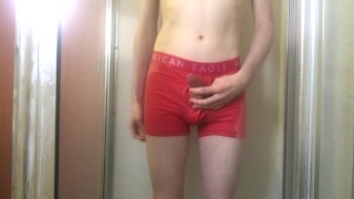 College Twink Pissing in Pink Trunks and Getting Hard