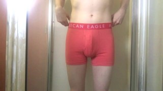 College Twink Pissing in Pink Trunks and Getting Hard