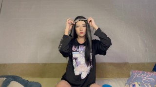 Black hair cute girl humiliate boy in a chastity cage
